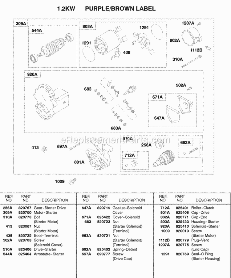 12 Kw Starter Motor Diagram and Parts List for 432447-0105-E2  Briggs and Stratton Engine
